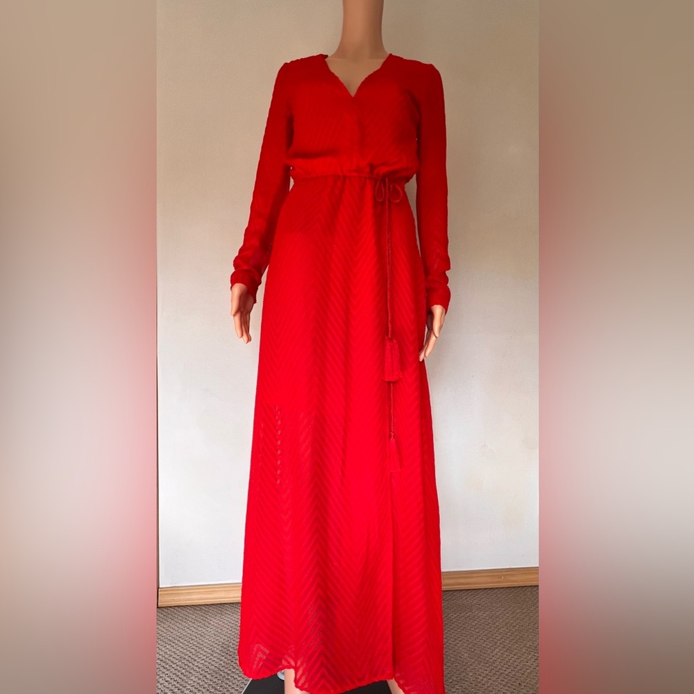 Vibrant Red Maxi Dress by HM with Tassel Belt – Size Medium